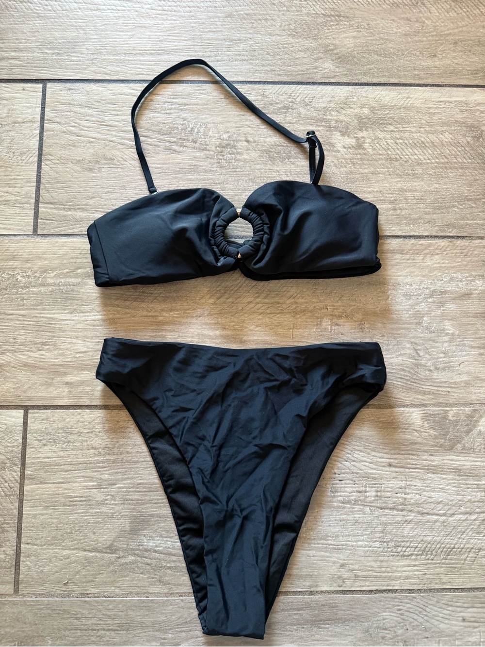 Black Bandeau Ring-Front Bikini Set - Women Swim
